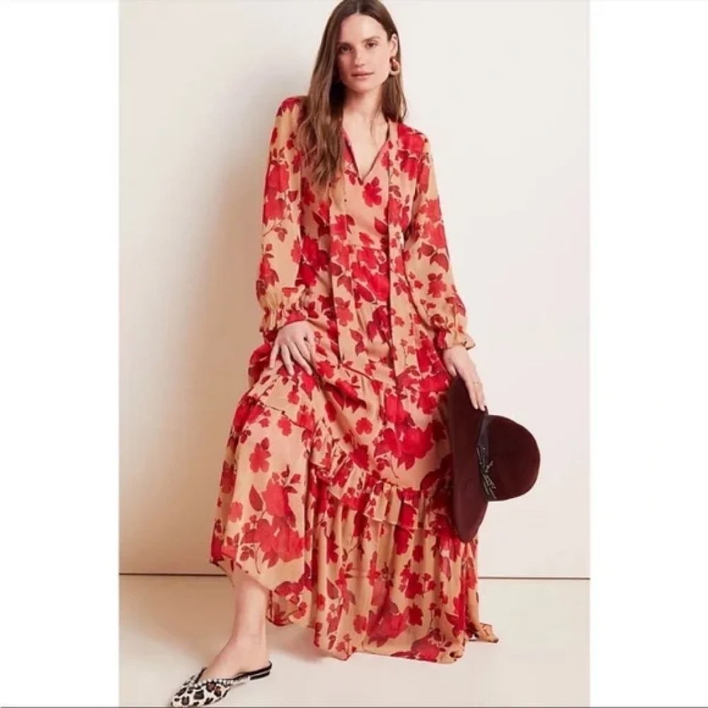 Anthropologie NWT Daniel Rainn Beige and Red Floral Chiffon Rosalita Maxi Dress